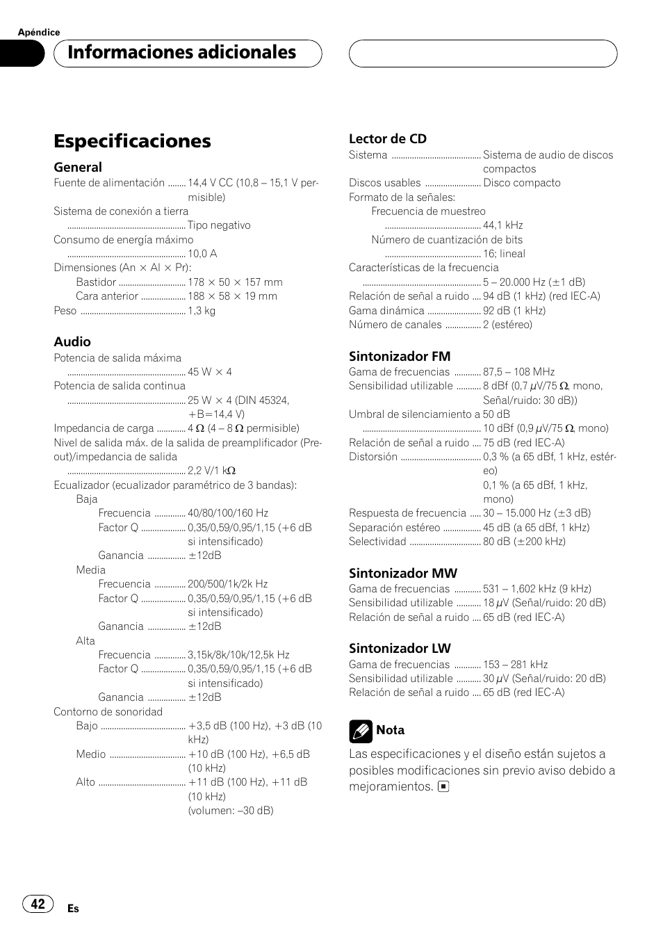 Especificaciones 42, Especificaciones, Informaciones adicionales | Pioneer DEH-1530R User Manual | Page 42 / 128