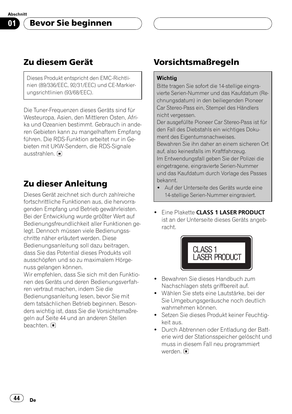 Zu diesem gerät, Zu dieser anleitung, Vorsichtsmaßregeln | Bevor sie beginnen, Class 1 laser product | Pioneer DEH-1530R User Manual | Page 44 / 128