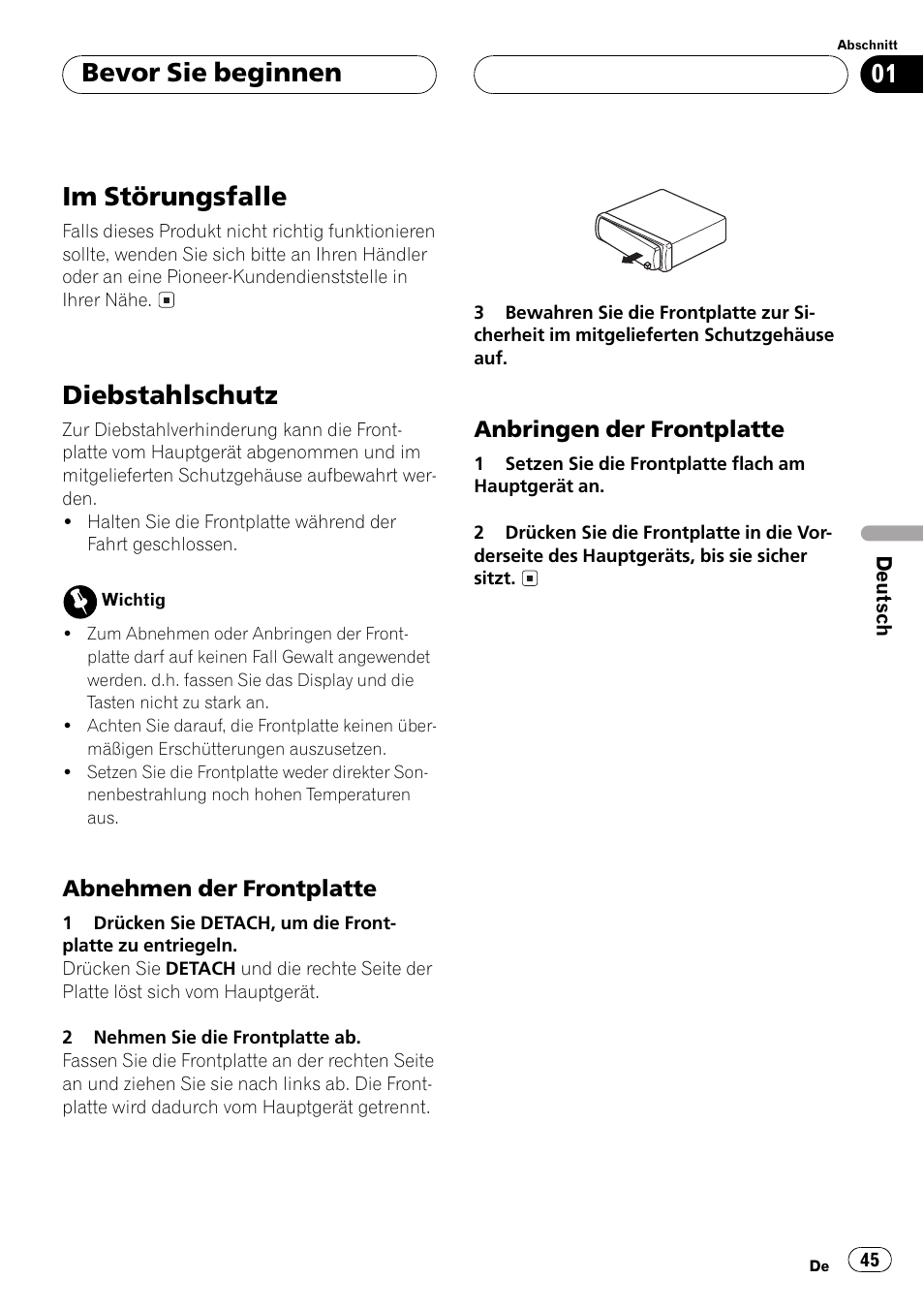 Im störungsfalle 45 diebstahlschutz 45, Abnehmen der frontplatte 45, Anbringen der frontplatte 45 | Im störungsfalle, Diebstahlschutz, Bevor sie beginnen | Pioneer DEH-1530R User Manual | Page 45 / 128