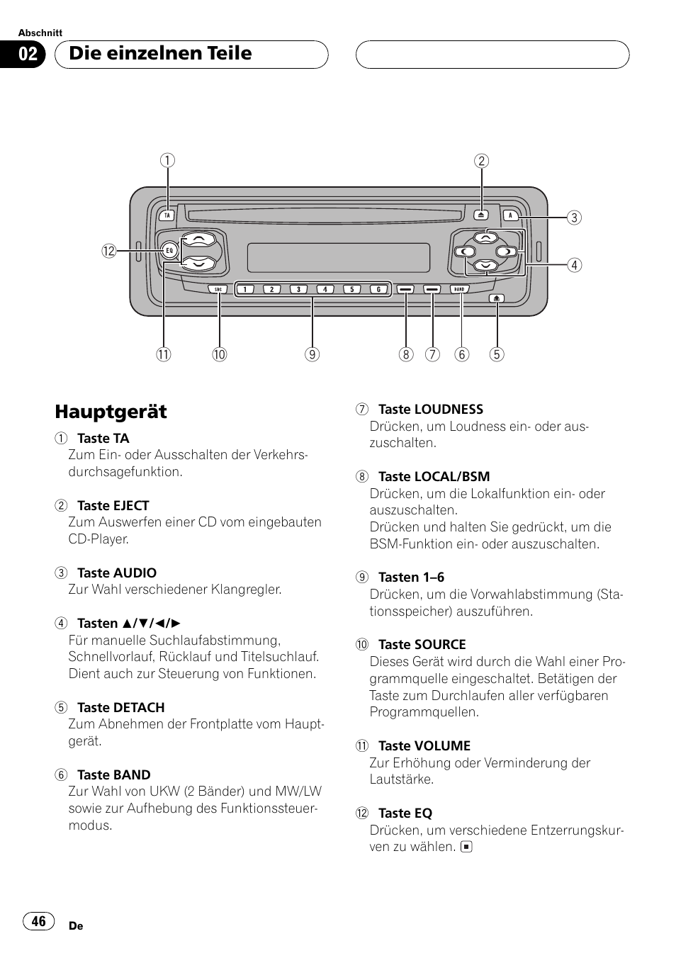 Die einzelnen teile hauptgerät 46, Hauptgerät, Die einzelnen teile | Pioneer DEH-1530R User Manual | Page 46 / 128