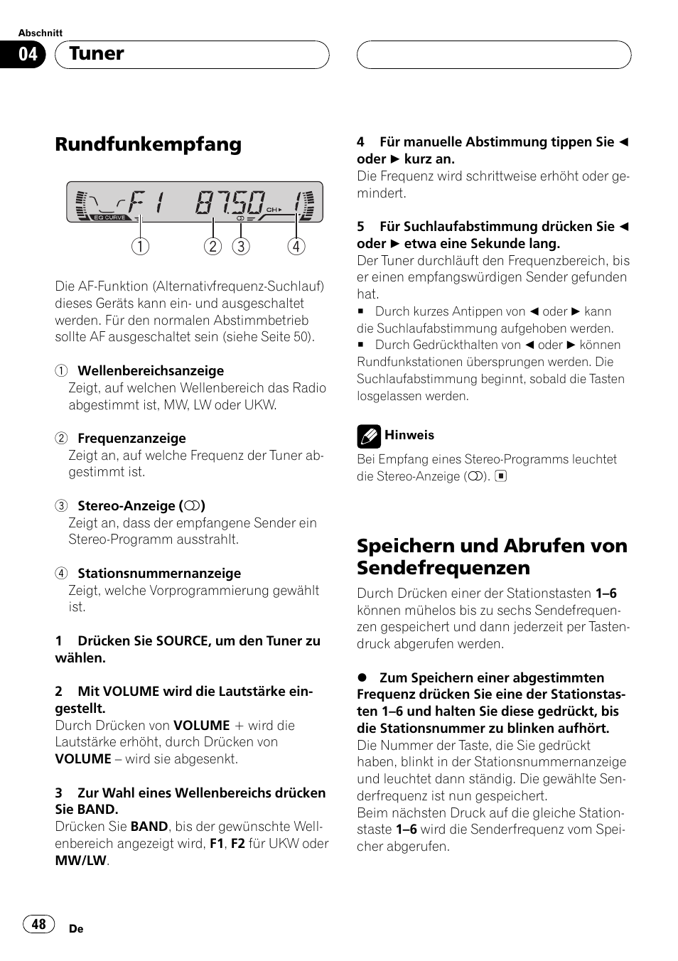 Tuner rundfunkempfang 48 speichern und abrufen von, Sendefrequenzen 48, Rundfunkempfang 1 2 3 4 | Speichern und abrufen von sendefrequenzen, Tuner | Pioneer DEH-1530R User Manual | Page 48 / 128