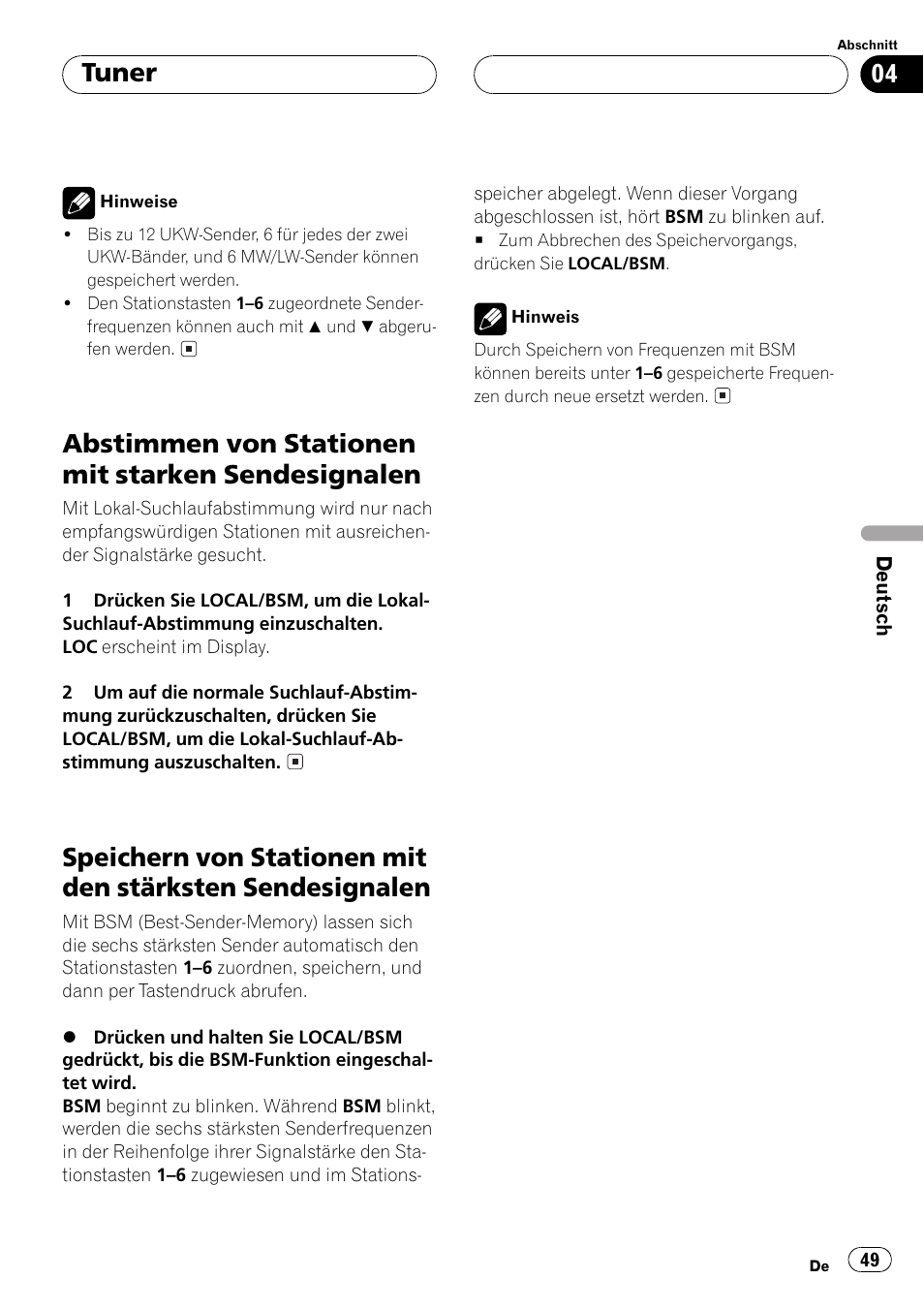 Abstimmen von stationen mit starken, Sendesignalen 49, Speichern von stationen mit den stärksten | Abstimmen von stationen mit starken sendesignalen, Tuner | Pioneer DEH-1530R User Manual | Page 49 / 128