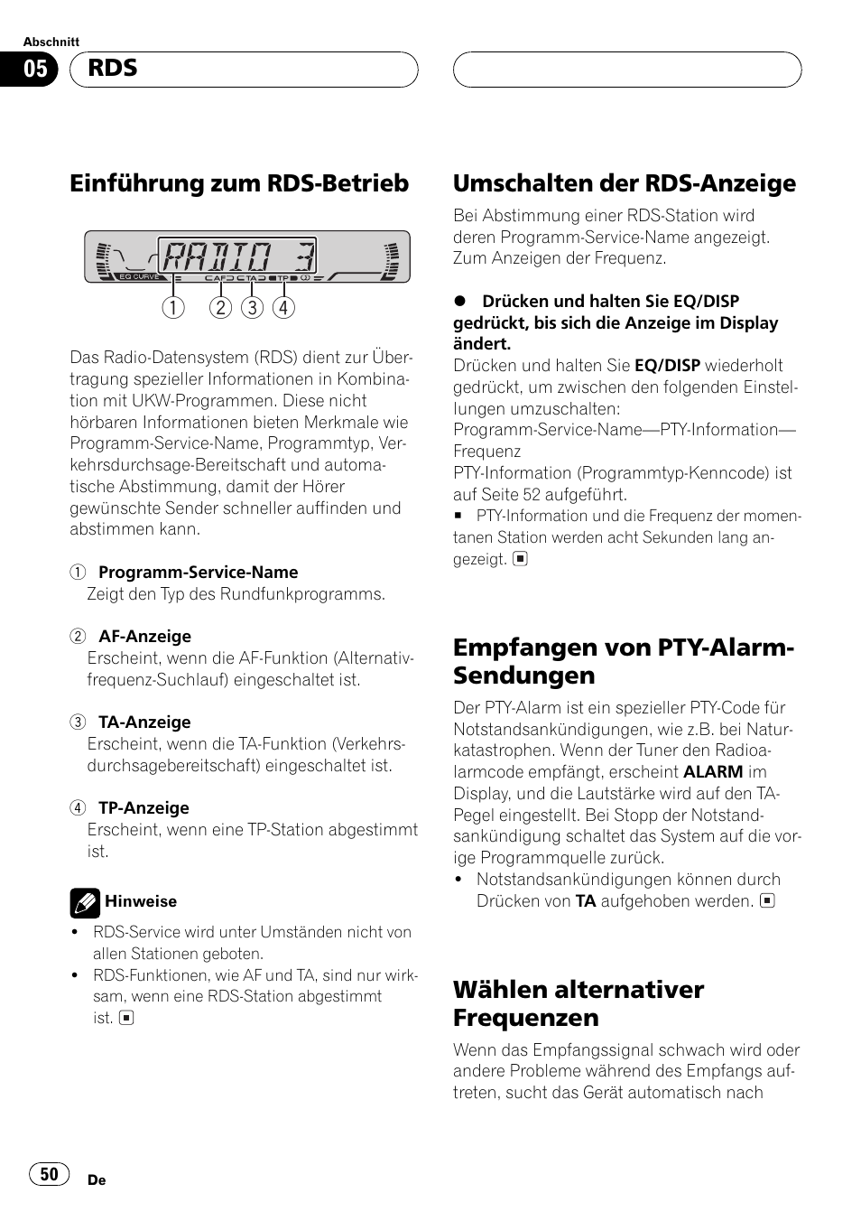 Einführung zum rds-betrieb 1 2 3 4, Umschalten der rds-anzeige, Empfangen von pty-alarm- sendungen | Wählen alternativer frequenzen | Pioneer DEH-1530R User Manual | Page 50 / 128