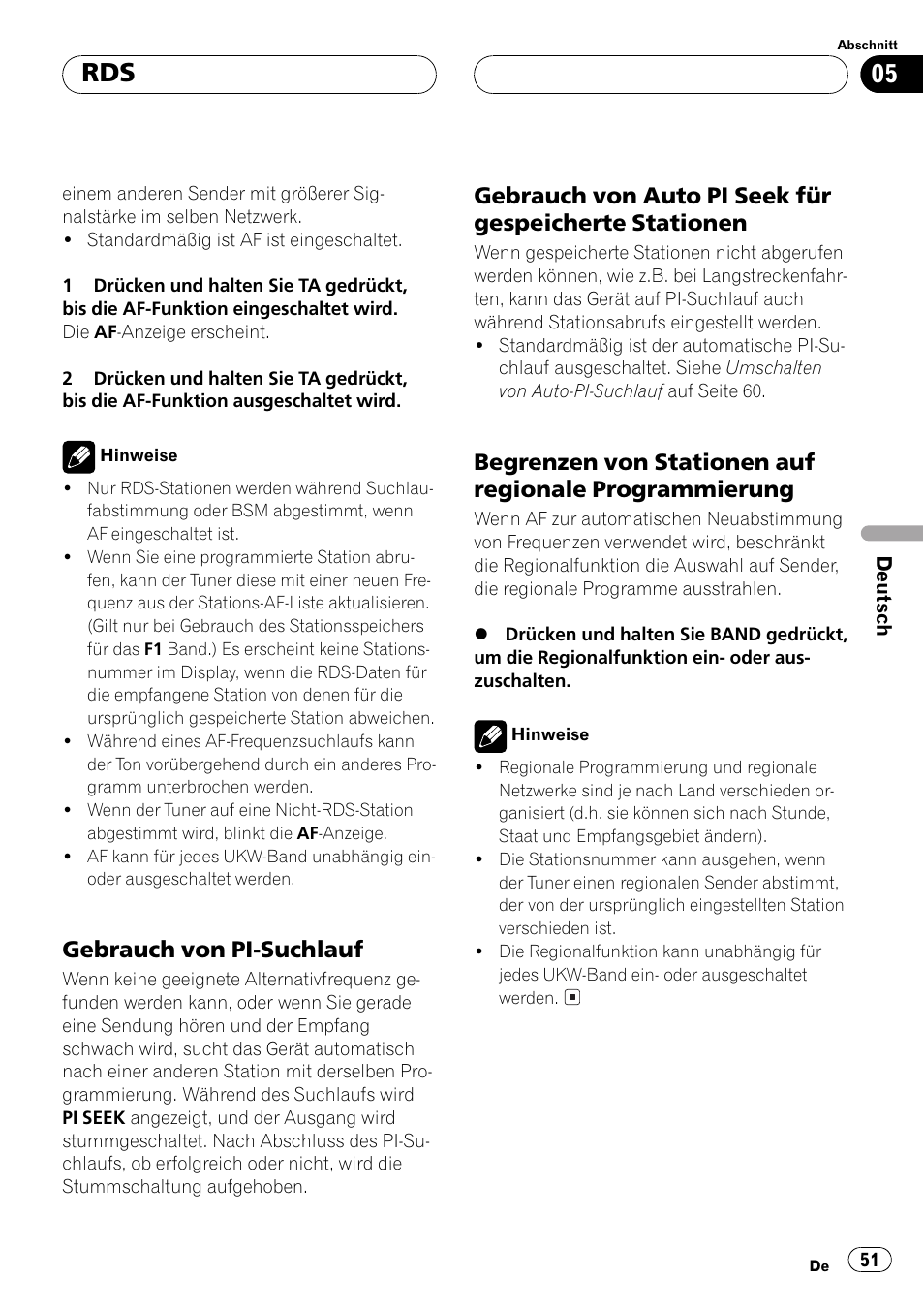 Gebrauch von pi-suchlauf 51, Gebrauch von auto pi seek für, Gespeicherte stationen 51 | Begrenzen von stationen auf, Regionale programmierung 51, Gebrauch von pi-suchlauf | Pioneer DEH-1530R User Manual | Page 51 / 128