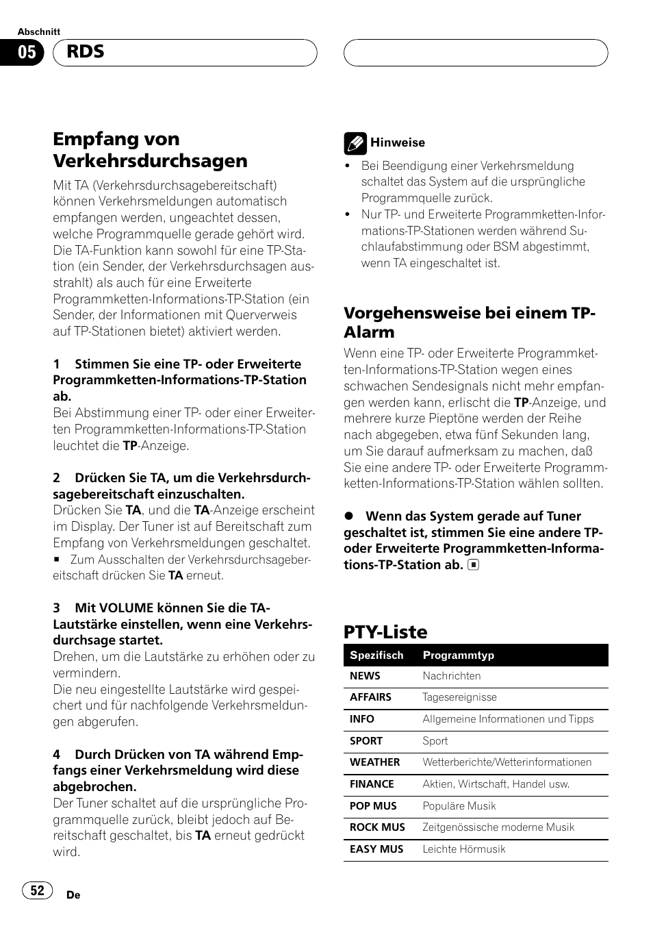 Empfang von verkehrsdurchsagen 52, Vorgehensweise bei einem tp, Alarm 52 | Pty-liste 52, Empfang von verkehrsdurchsagen, Pty-liste, Vorgehensweise bei einem tp- alarm | Pioneer DEH-1530R User Manual | Page 52 / 128