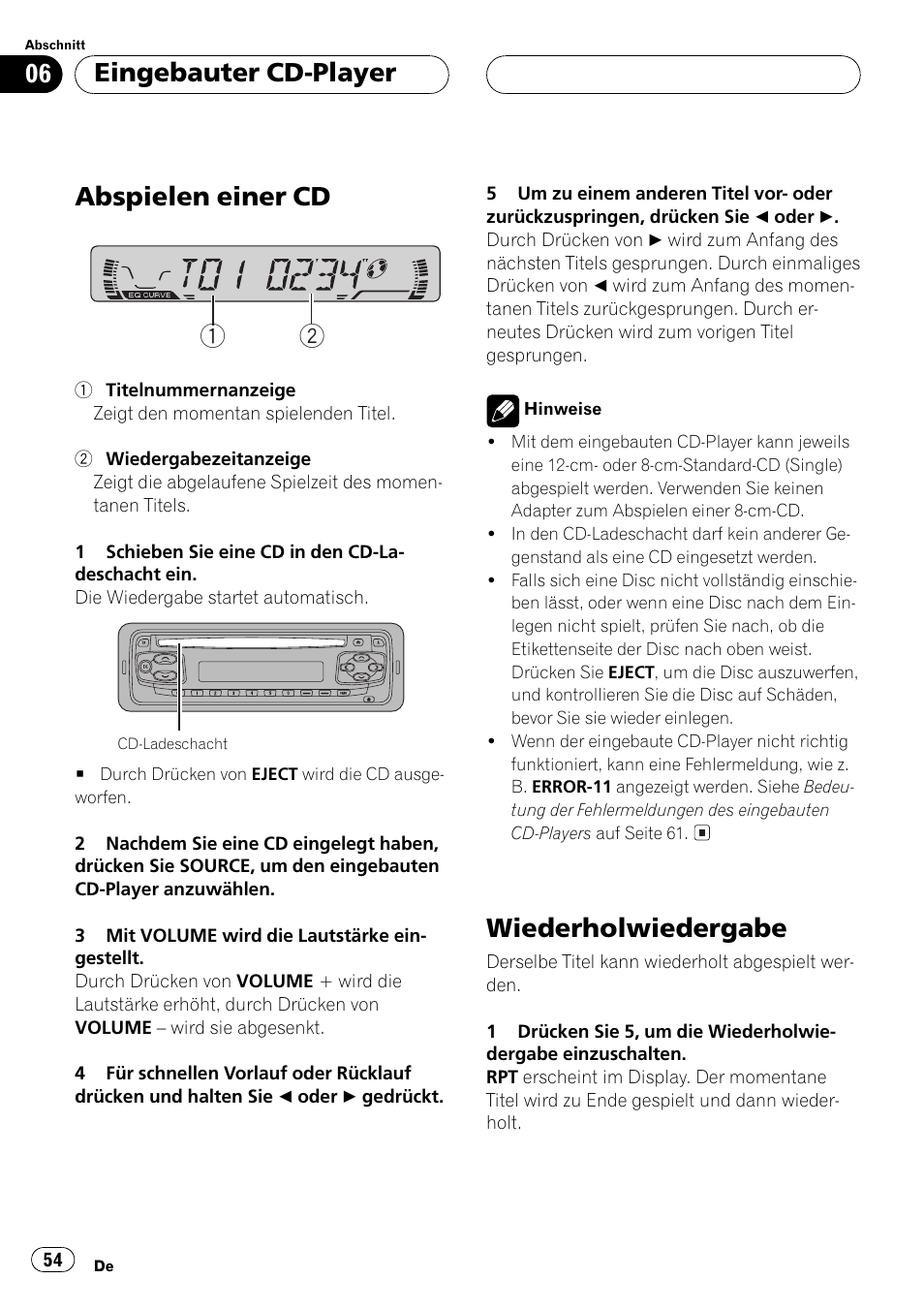 Abspielen einer cd 1 2, Wiederholwiedergabe, Eingebauter cd-player | Pioneer DEH-1530R User Manual | Page 54 / 128