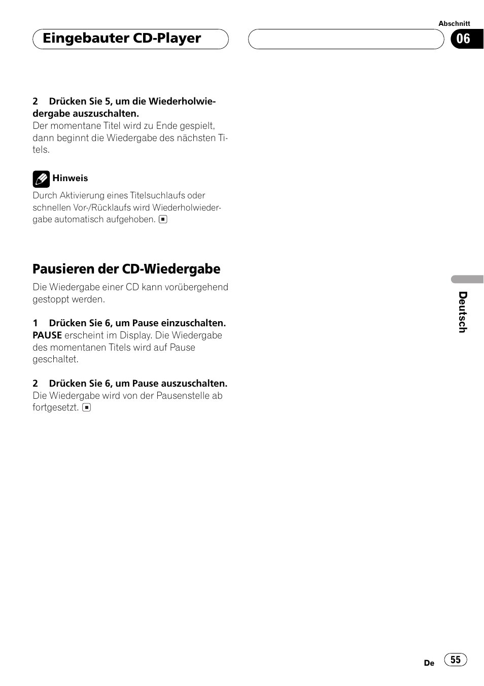 Pausieren der cd-wiedergabe 55, Pausieren der cd-wiedergabe, Eingebauter cd-player | Pioneer DEH-1530R User Manual | Page 55 / 128