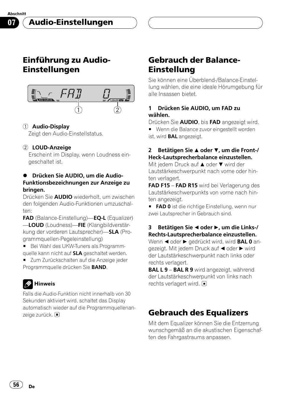 Einführung zu audio- einstellungen 1 2, Gebrauch der balance- einstellung, Gebrauch des equalizers | Audio-einstellungen | Pioneer DEH-1530R User Manual | Page 56 / 128