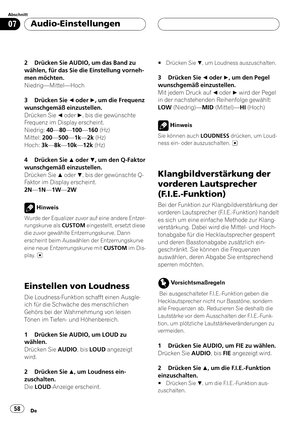 Lautsprecher (f.i.e.-funktion) 58, Einstellen von loudness, Audio-einstellungen | Pioneer DEH-1530R User Manual | Page 58 / 128