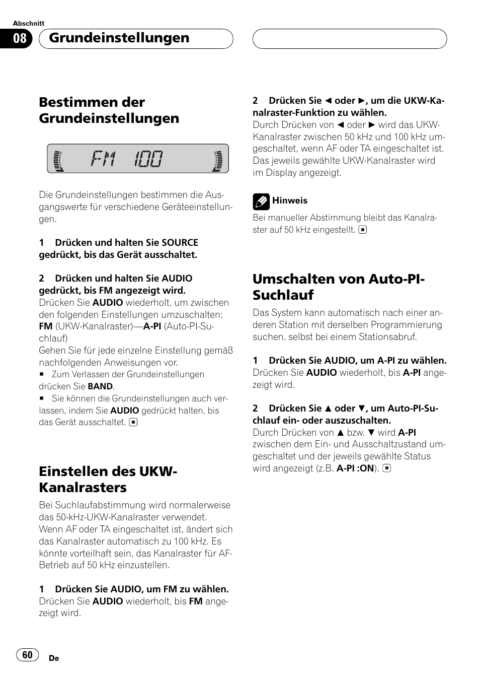 Bestimmen der grundeinstellungen, Einstellen des ukw- kanalrasters, Umschalten von auto-pi- suchlauf | Grundeinstellungen | Pioneer DEH-1530R User Manual | Page 60 / 128