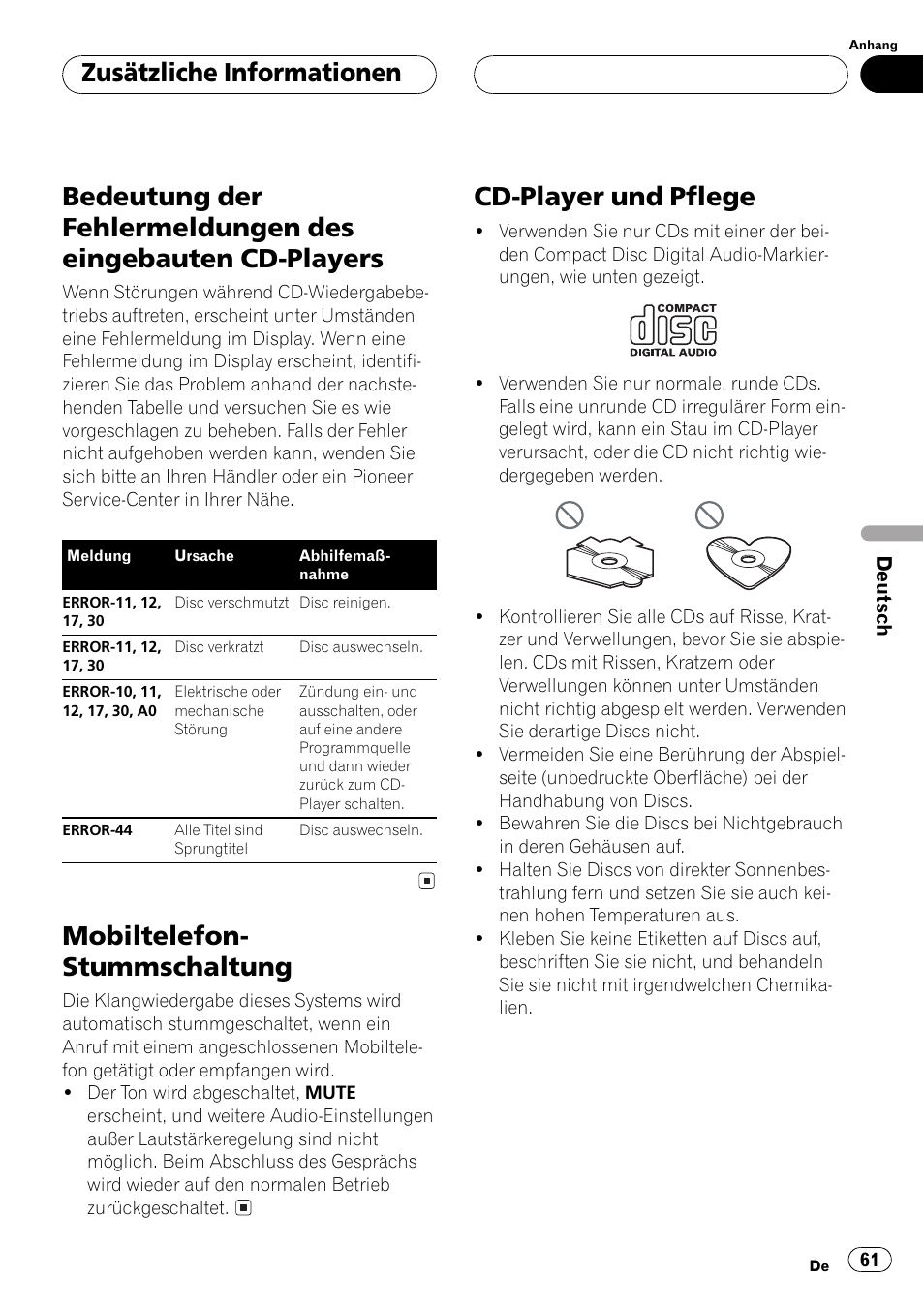 Eingebauten cd-players 61, Mobiltelefon- stummschaltung, Cd-player und pflege | Zusätzliche informationen | Pioneer DEH-1530R User Manual | Page 61 / 128