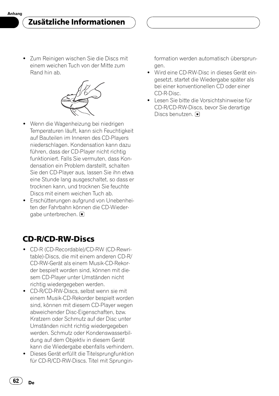 Cd-r/cd-rw-discs 62, Cd-r/cd-rw-discs, Zusätzliche informationen | Pioneer DEH-1530R User Manual | Page 62 / 128