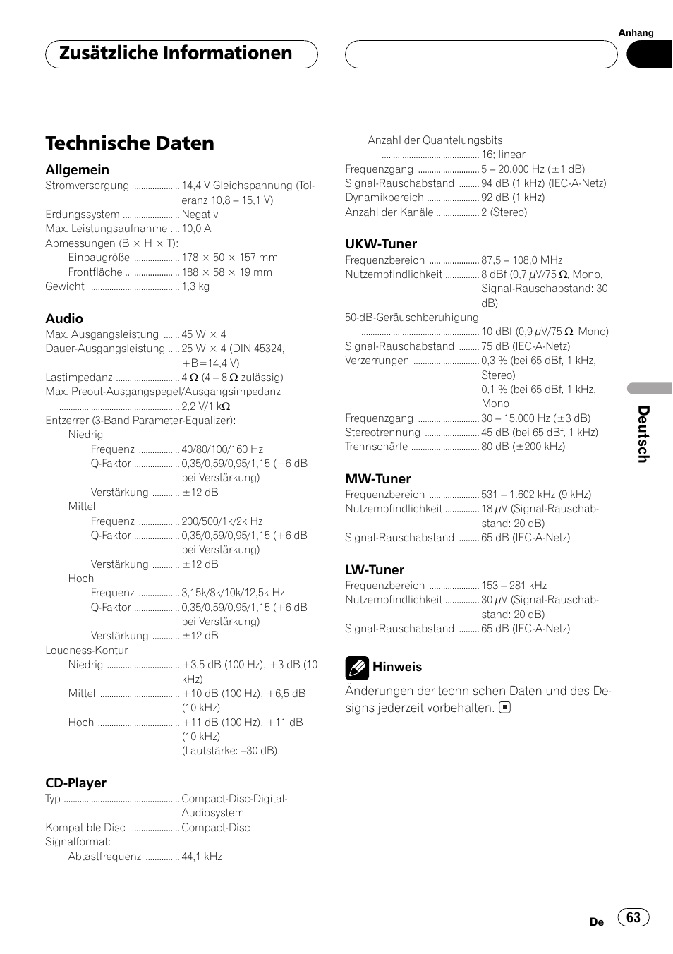 Technische daten 63, Technische daten, Zusätzliche informationen | Deutsch | Pioneer DEH-1530R User Manual | Page 63 / 128