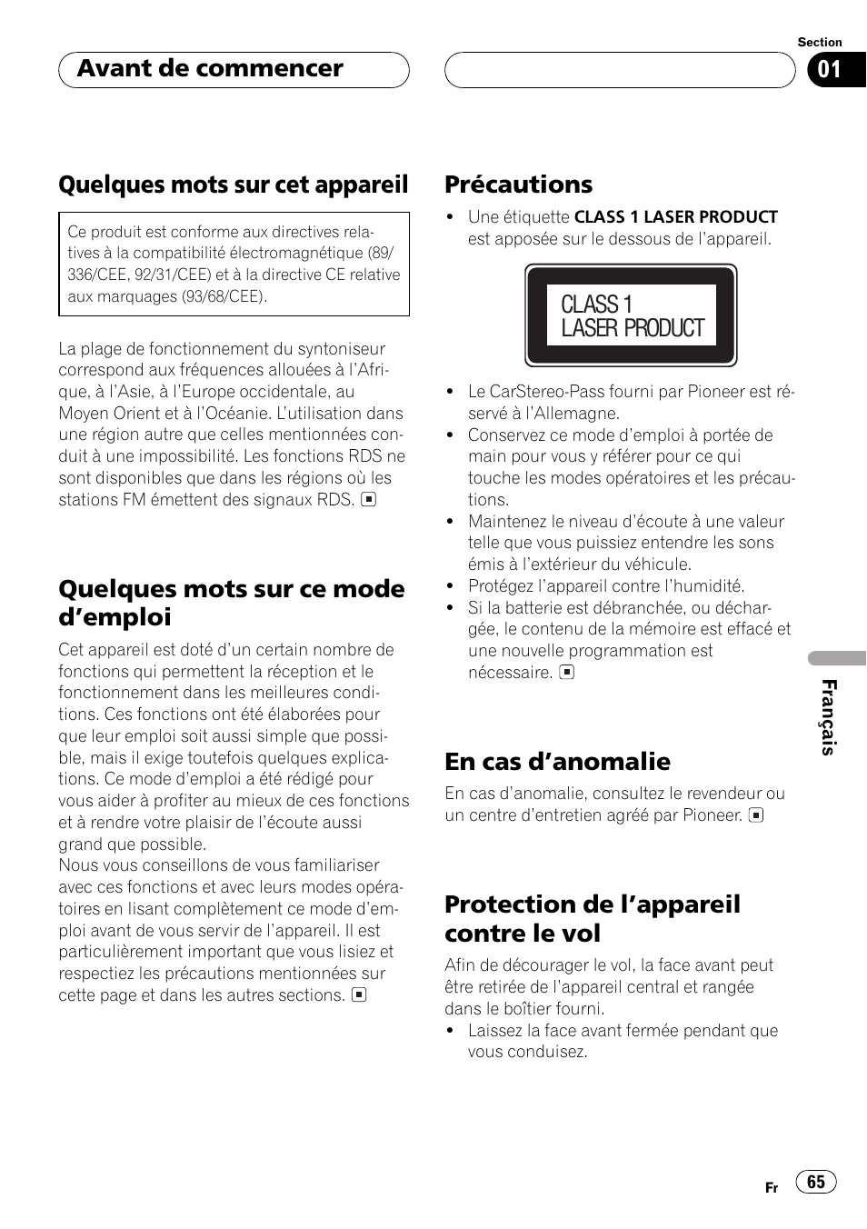 Quelques mots sur cet appareil, Quelques mots sur ce mode demploi, Précautions | En cas danomalie, Protection de lappareil contre le vol, Avant de commencer, Class 1 laser product | Pioneer DEH-1530R User Manual | Page 65 / 128