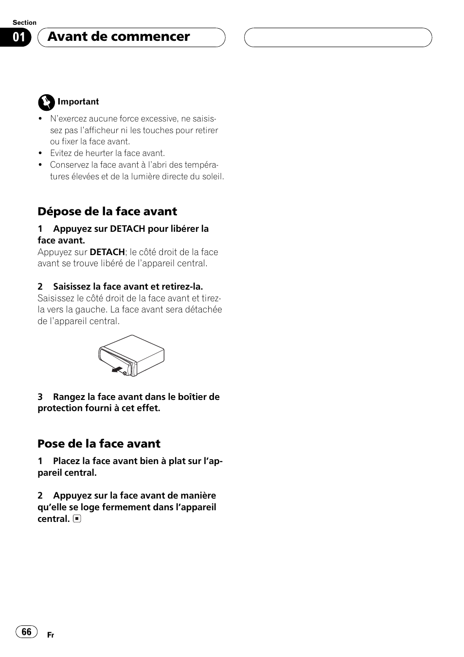 Dépose de la face avant 66, Pose de la face avant 66, Avant de commencer | Pioneer DEH-1530R User Manual | Page 66 / 128