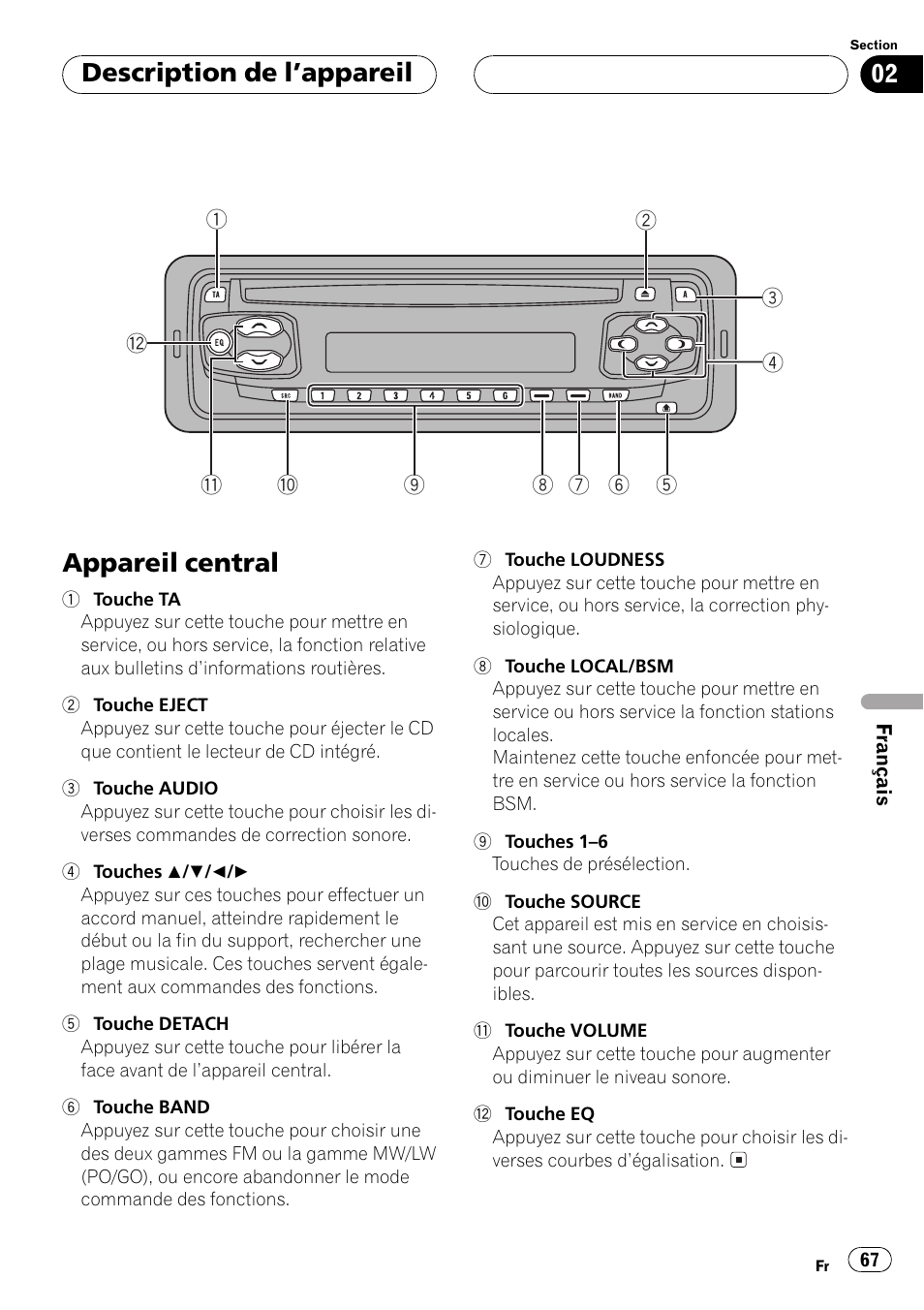 Description de lappareil appareil central 67, Appareil central, Description de lappareil | Pioneer DEH-1530R User Manual | Page 67 / 128