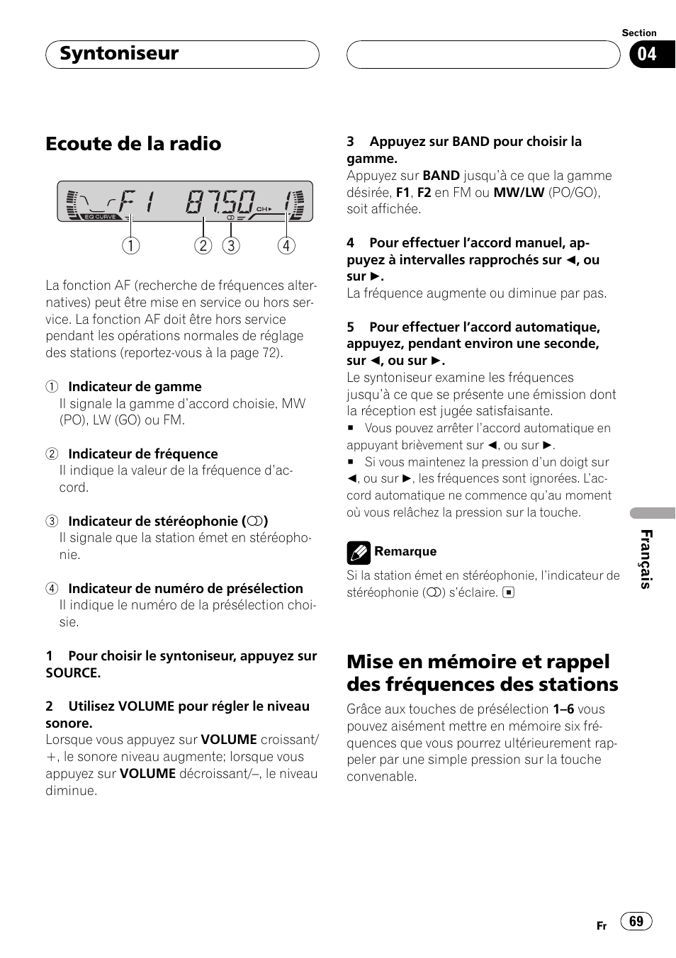 Des stations 69, Ecoute de la radio 1 2 3 4, Syntoniseur | Pioneer DEH-1530R User Manual | Page 69 / 128