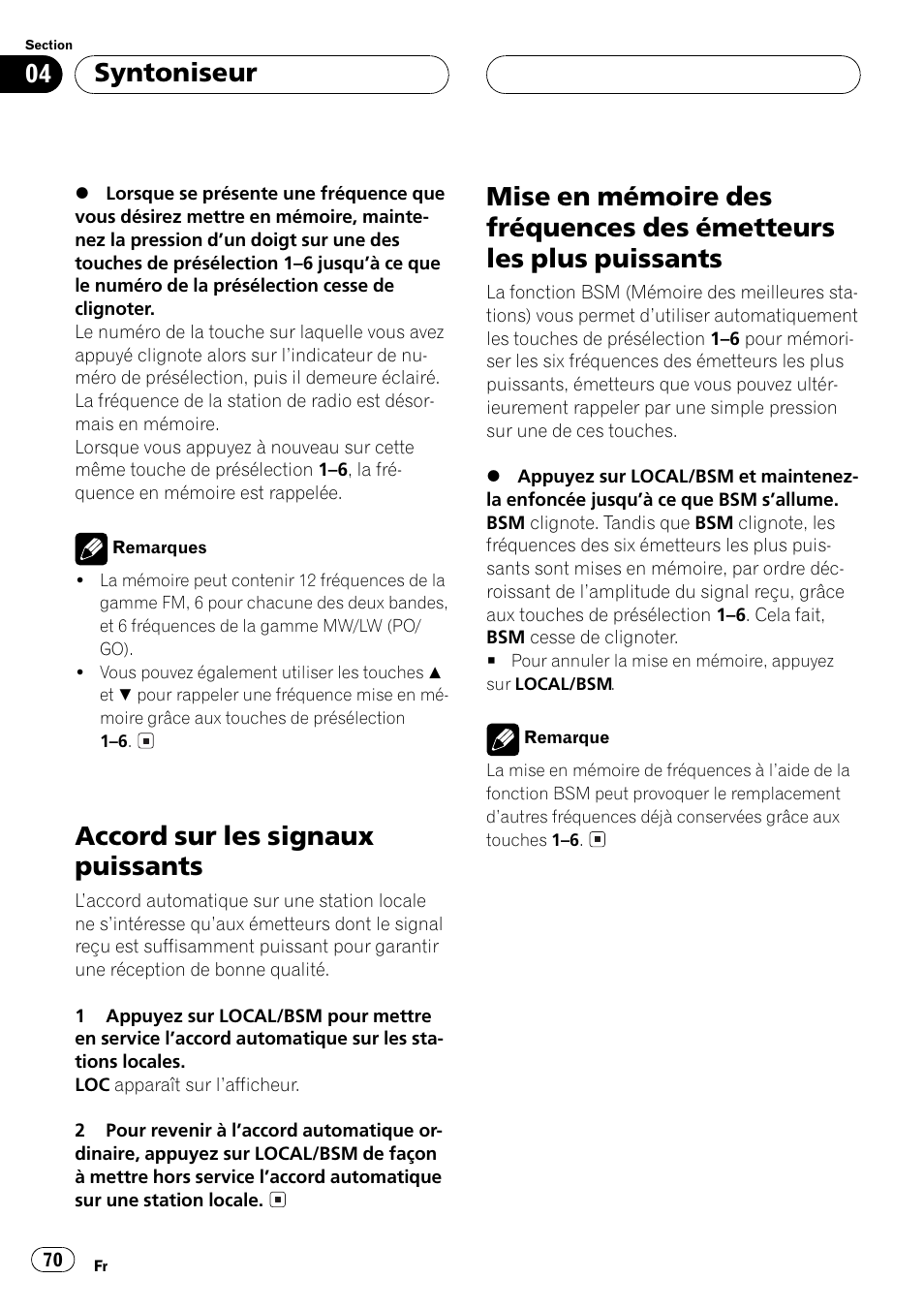 Émetteurs les plus puissants 70, Accord sur les signaux puissants, Syntoniseur | Pioneer DEH-1530R User Manual | Page 70 / 128