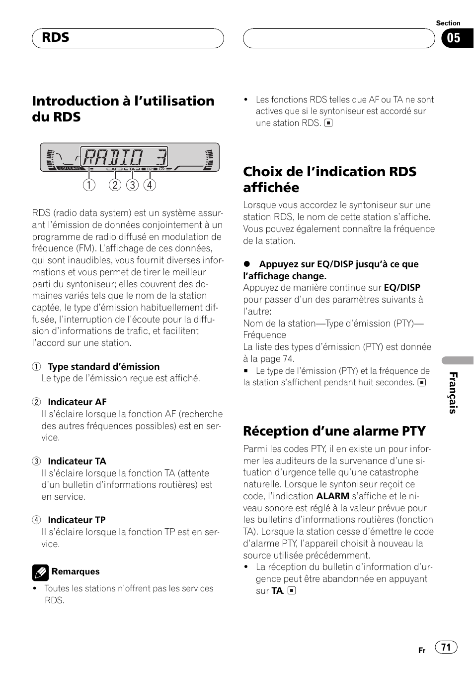 Introduction à lutilisation du rds 1 2 3 4, Choix de lindication rds affichée, Réception dune alarme pty | Pioneer DEH-1530R User Manual | Page 71 / 128