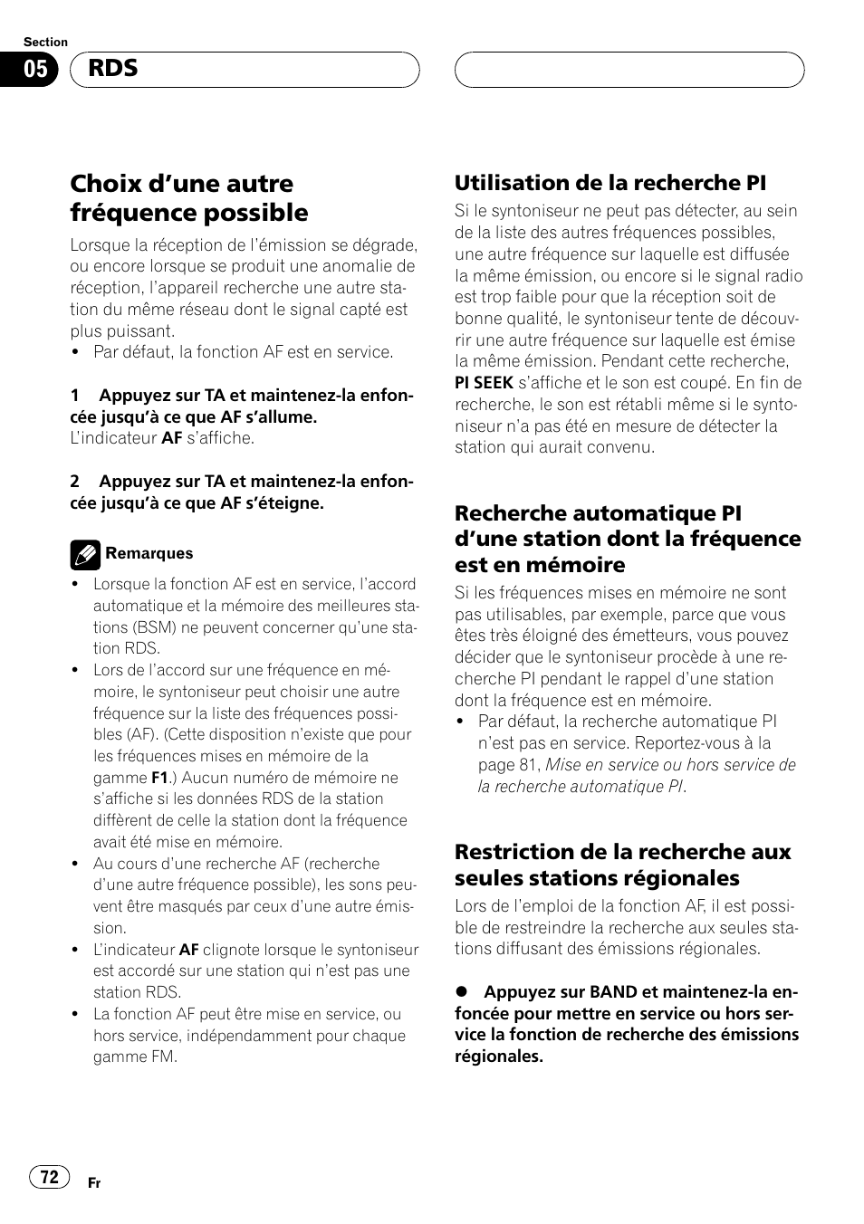 Choix dune autre fréquence possible 72, Utilisation de la recherche pi 72, Recherche automatique pi dune | Station dont la fréquence est en mémoire 72, Restriction de la recherche aux seules, Stations régionales 72, Choix dune autre fréquence possible | Pioneer DEH-1530R User Manual | Page 72 / 128