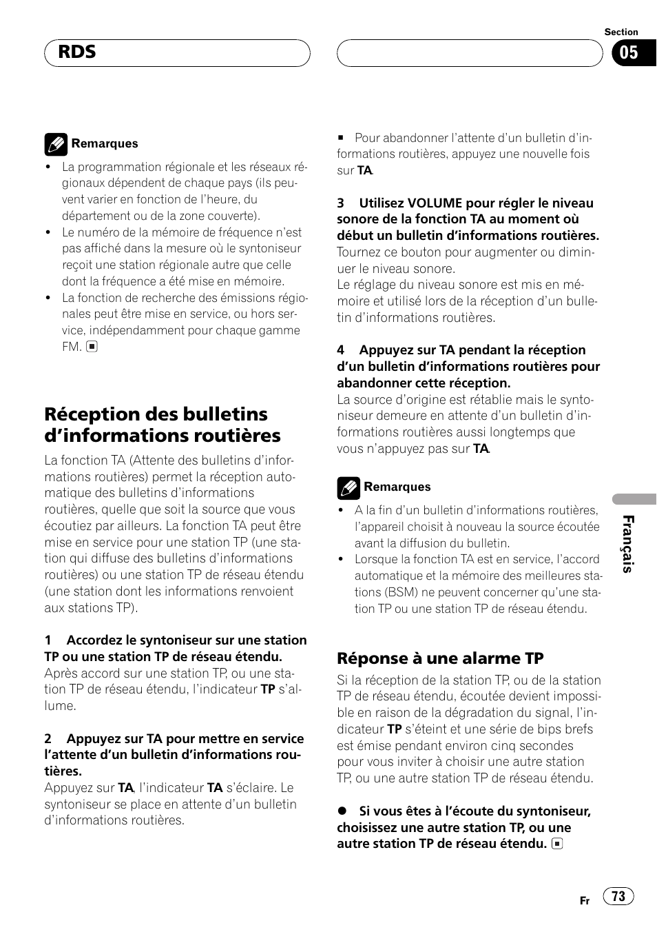 Réception des bulletins dinformations, Routières 73, Réponse à une alarme tp 73 | Réception des bulletins dinformations routières, Réponse à une alarme tp | Pioneer DEH-1530R User Manual | Page 73 / 128