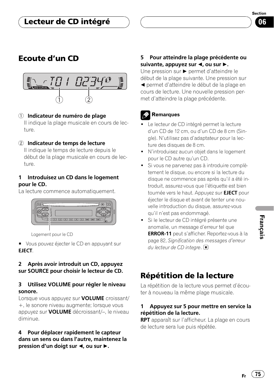 Ecoute dun cd 1 2, Répétition de la lecture, Lecteur de cd intégré | Pioneer DEH-1530R User Manual | Page 75 / 128