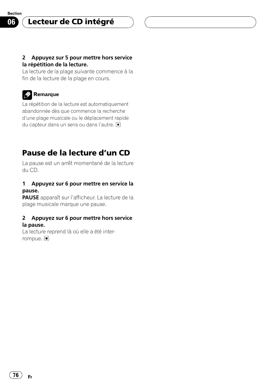 Pause de la lecture dun cd 76, Pause de la lecture dun cd, Lecteur de cd intégré | Pioneer DEH-1530R User Manual | Page 76 / 128