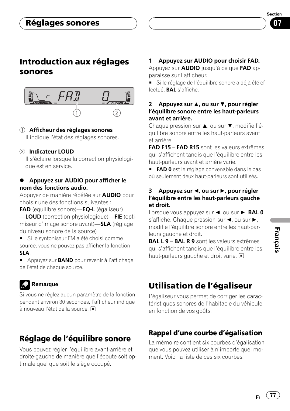 Rappel dune courbe, Dégalisation 77, Introduction aux réglages sonores 1 2 | Réglage de léquilibre sonore, Utilisation de légaliseur, Réglages sonores | Pioneer DEH-1530R User Manual | Page 77 / 128