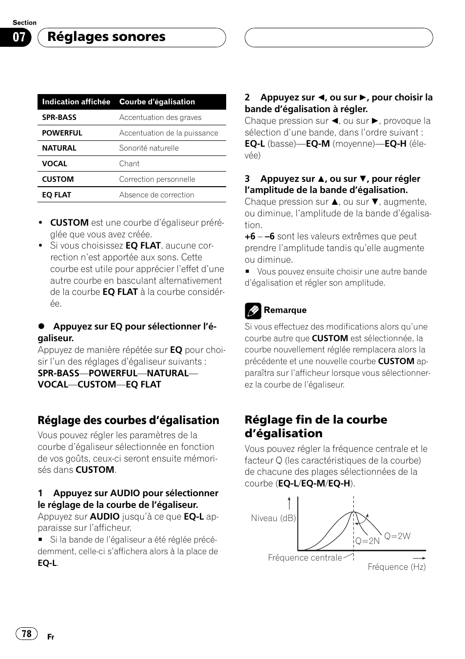 Réglage des courbes, Dégalisation 78, Réglage fin de la courbe | Réglages sonores, Réglage des courbes dégalisation, Réglage fin de la courbe dégalisation | Pioneer DEH-1530R User Manual | Page 78 / 128