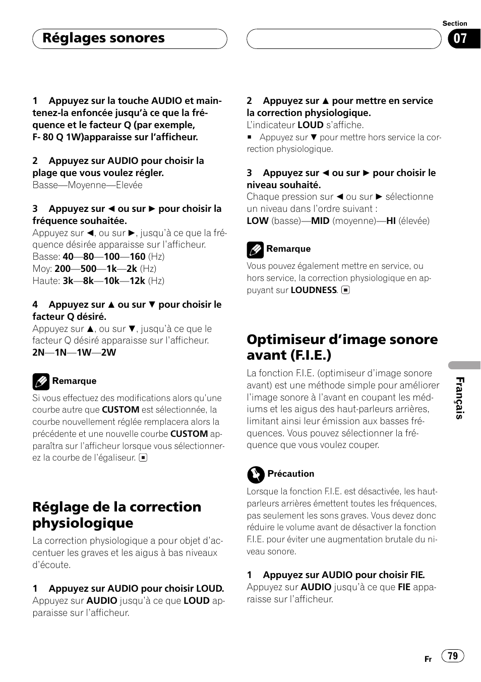 Réglage de la correction physiologique, Optimiseur dimage sonore avant (f.i.e.), Réglages sonores | Pioneer DEH-1530R User Manual | Page 79 / 128