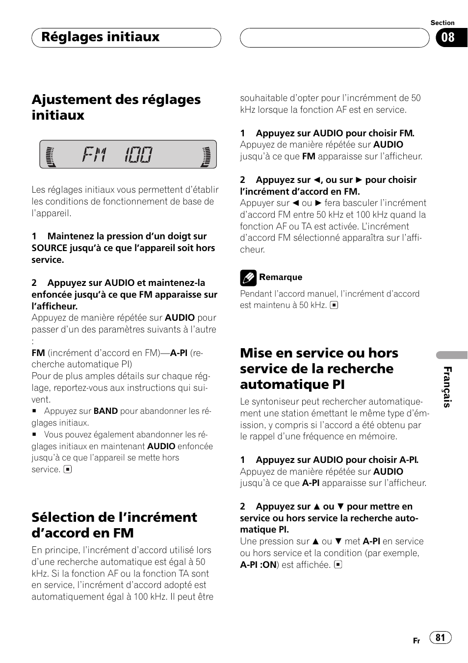 Recherche automatique pi 81, Ajustement des réglages initiaux, Sélection de lincrément daccord en fm | Réglages initiaux | Pioneer DEH-1530R User Manual | Page 81 / 128