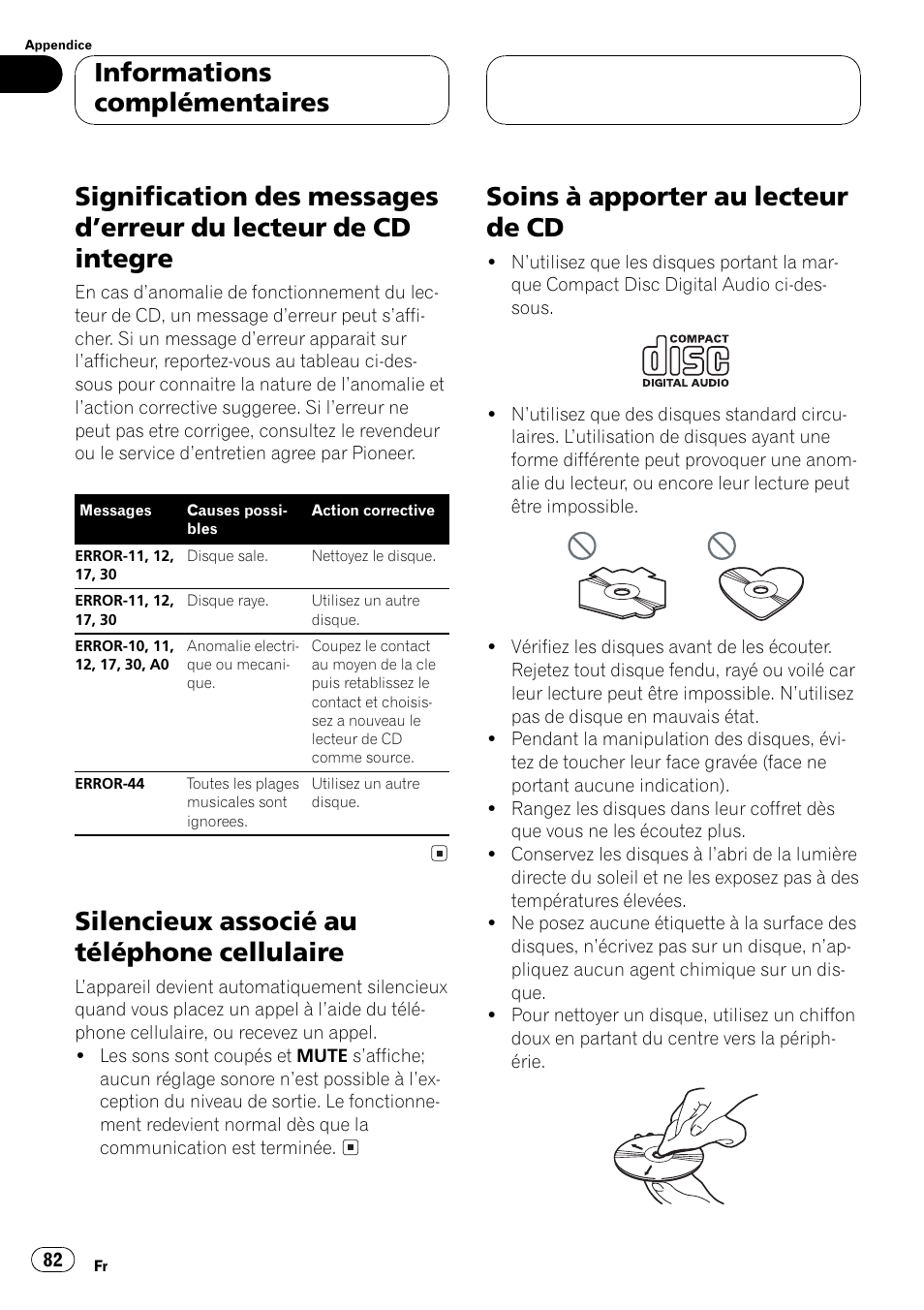 Lecteur de cd integre 82, Silencieux associé au téléphone, Cellulaire 82 | Soins à apporter au lecteur de cd 82, Silencieux associé au téléphone cellulaire, Soins à apporter au lecteur de cd, Informations complémentaires | Pioneer DEH-1530R User Manual | Page 82 / 128