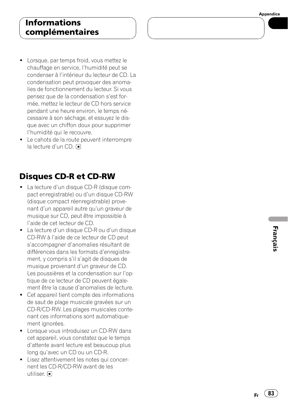 Disques cd-r et cd-rw 83, Disques cd-r et cd-rw, Informations complémentaires | Pioneer DEH-1530R User Manual | Page 83 / 128