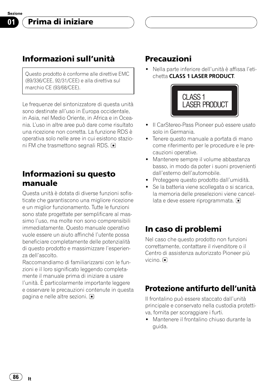 Prima di iniziare informazioni sullunità 86, Informazioni su questo manuale 86, Precauzioni 86 | In caso di problemi 86, Protezione antifurto dellunità 86, Informazioni sullunità, Informazioni su questo manuale, Precauzioni, Protezione antifurto dellunità, Prima di iniziare | Pioneer DEH-1530R User Manual | Page 86 / 128