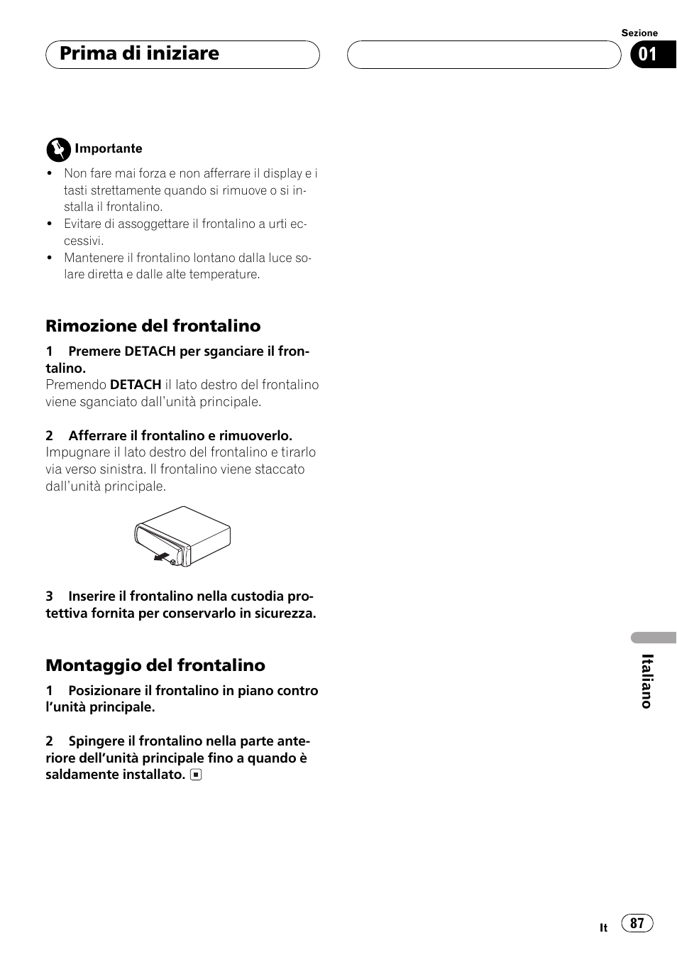 Rimozione del frontalino 87, Montaggio del frontalino 87, Prima di iniziare | Pioneer DEH-1530R User Manual | Page 87 / 128