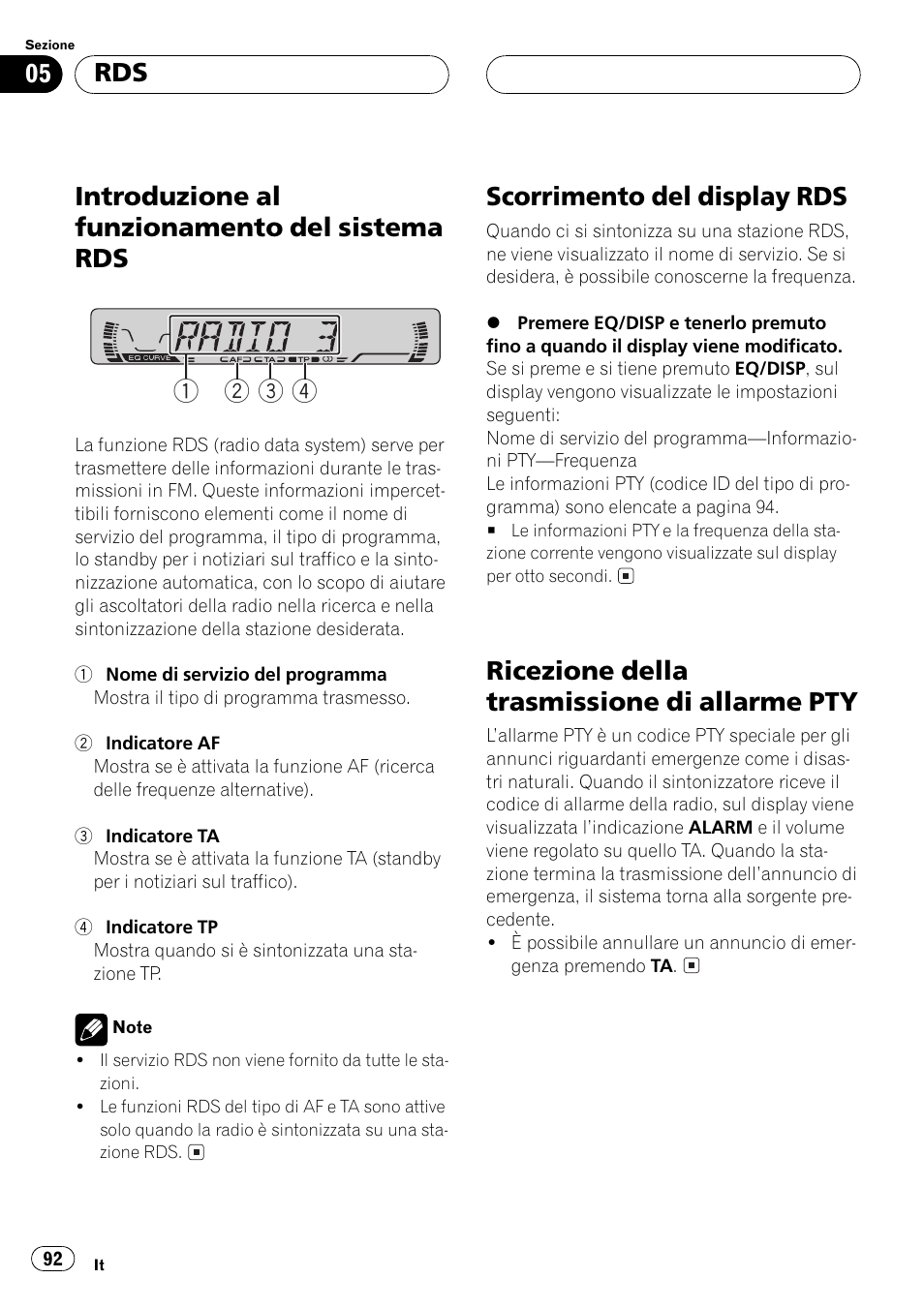 Introduzione al funzionamento del sistema, Rds 92, Scorrimento del display rds 92 | Ricezione della trasmissione di allarme, Pty 92, Scorrimento del display rds, Ricezione della trasmissione di allarme pty | Pioneer DEH-1530R User Manual | Page 92 / 128