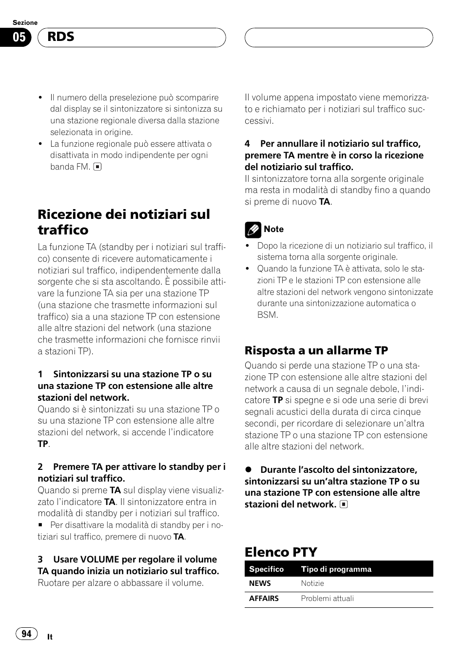 Ricezione dei notiziari sul traffico 94, Risposta a un allarme tp 94, Elenco pty 94 | Ricezione dei notiziari sul traffico, Elenco pty, Risposta a un allarme tp | Pioneer DEH-1530R User Manual | Page 94 / 128