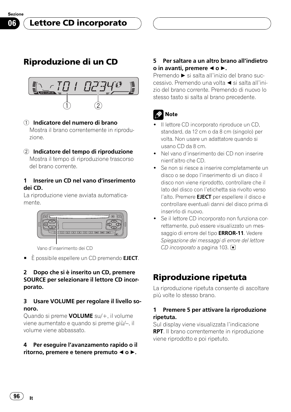 Lettore cd incorporato, Riproduzione di un cd 96, Riproduzione ripetuta 96 | Riproduzione di un cd 1 2, Riproduzione ripetuta | Pioneer DEH-1530R User Manual | Page 96 / 128