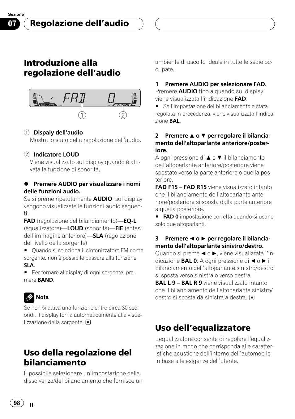 Regolazione dellaudio, Introduzione alla regolazione dellaudio 98, Uso della regolazione del bilanciamento 98 | Uso dellequalizzatore 98, Introduzione alla regolazione dellaudio 1 2, Uso della regolazione del bilanciamento, Uso dellequalizzatore | Pioneer DEH-1530R User Manual | Page 98 / 128