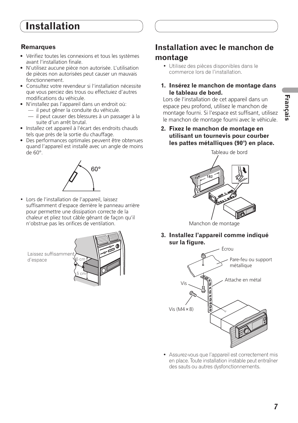 Installation, Installation avec le manchon de montage | Pioneer MVH-7300 User Manual | Page 15 / 64