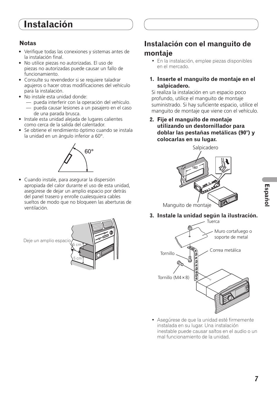 Instalación, Instalación con el manguito de montaje | Pioneer MVH-7300 User Manual | Page 31 / 64