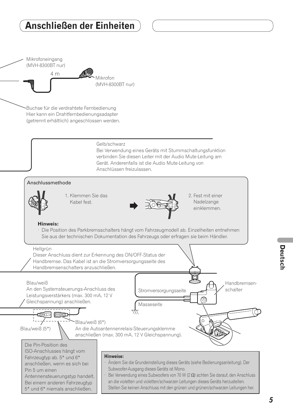 Anschließen der einheiten, Anschluss des betriebsstromkabels | Pioneer MVH-7300 User Manual | Page 37 / 64