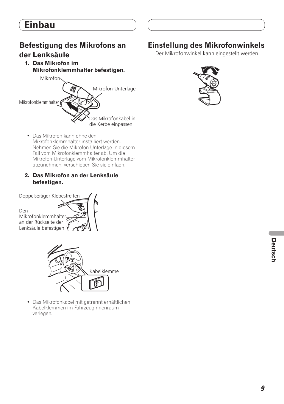 Einbau, Befestigung des mikrofons an der lenksäule, Einstellung des mikrofonwinkels | Pioneer MVH-7300 User Manual | Page 41 / 64