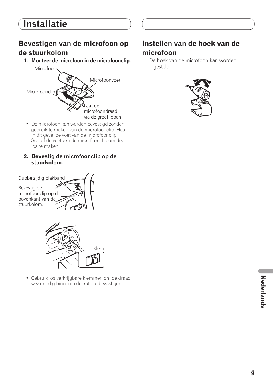 Installatie, Bevestigen van de microfoon op de stuurkolom, Instellen van de hoek van de microfoon | Pioneer MVH-7300 User Manual | Page 49 / 64