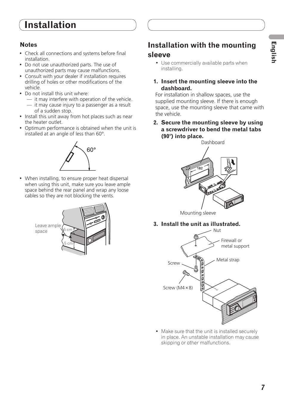 Installation, Installation with the mounting sleeve | Pioneer MVH-7300 User Manual | Page 7 / 64
