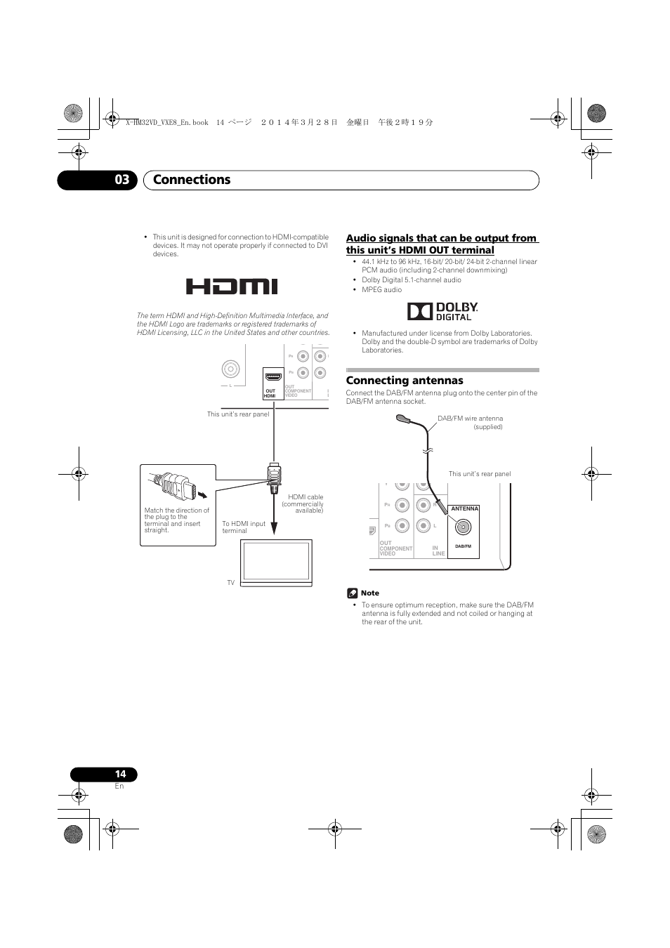 Audio signals that can be output from this unit’s, Hdmi out terminal, Connecting antennas | Connections 03 | Pioneer X-HM32VD-K User Manual | Page 14 / 52