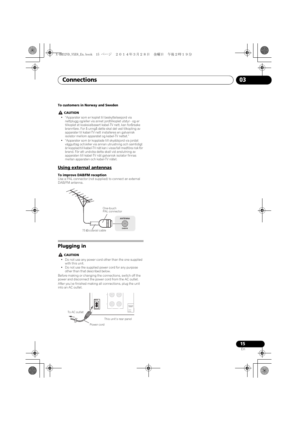 Using external antennas, Plugging in, Connections 03 | Pioneer X-HM32VD-K User Manual | Page 15 / 52