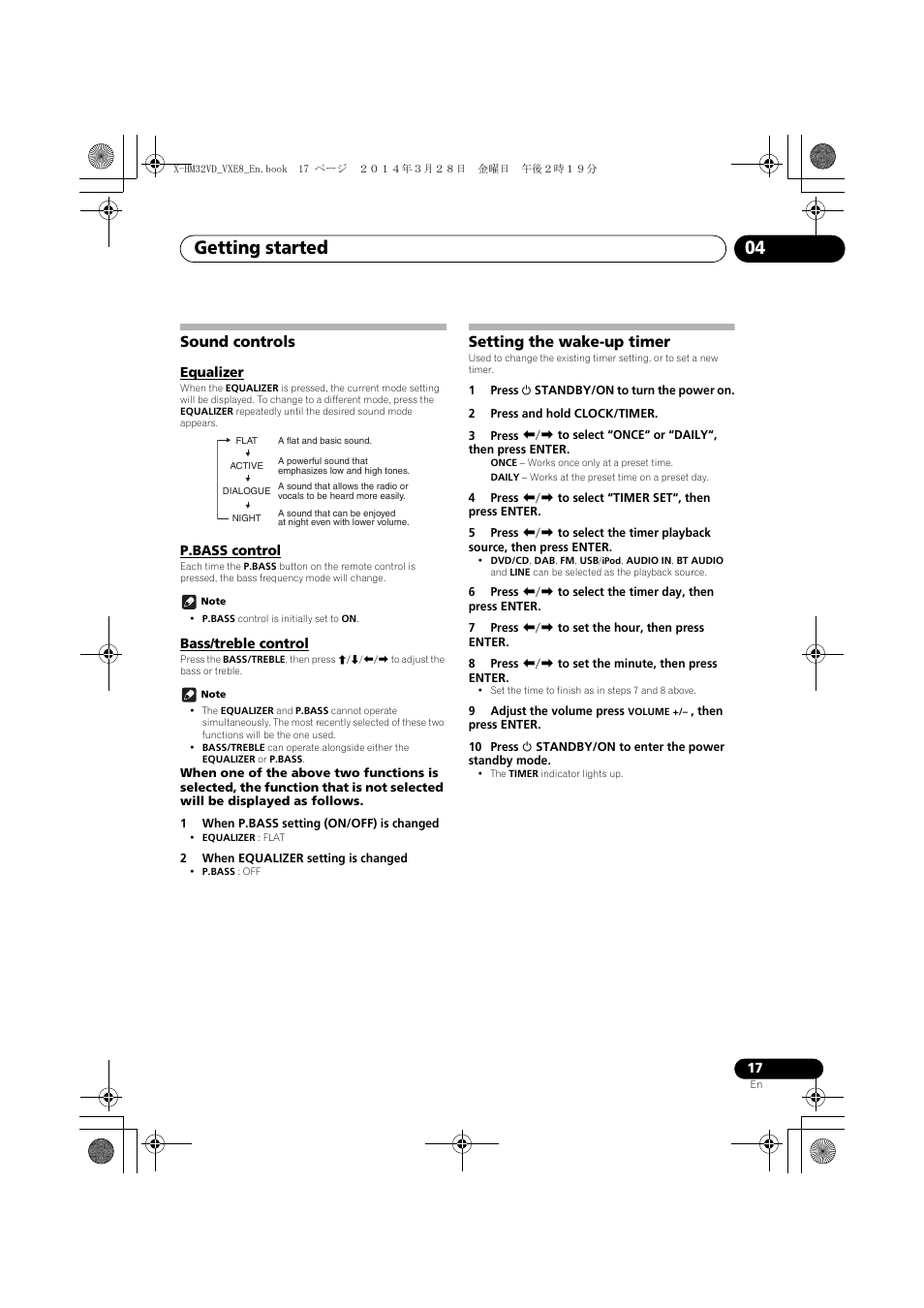 Sound controls, Equalizer, P.bass control | Bass/treble control, Setting the wake-up timer, Getting started 04 | Pioneer X-HM32VD-K User Manual | Page 17 / 52