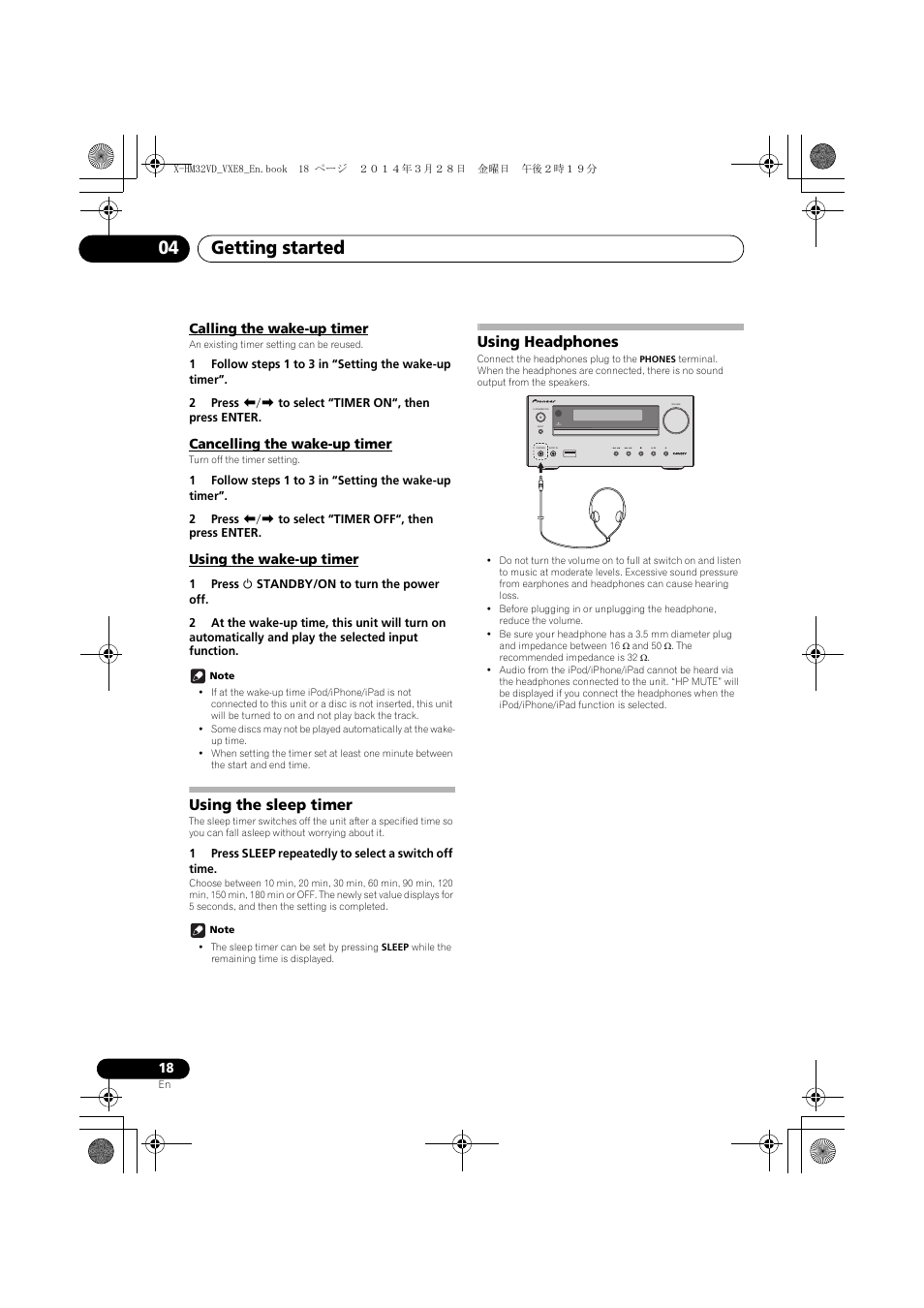 Calling the wake-up timer, Cancelling the wake-up timer, Using the wake-up timer | Using the sleep timer, Using headphones, Getting started 04, Timer | Pioneer X-HM32VD-K User Manual | Page 18 / 52