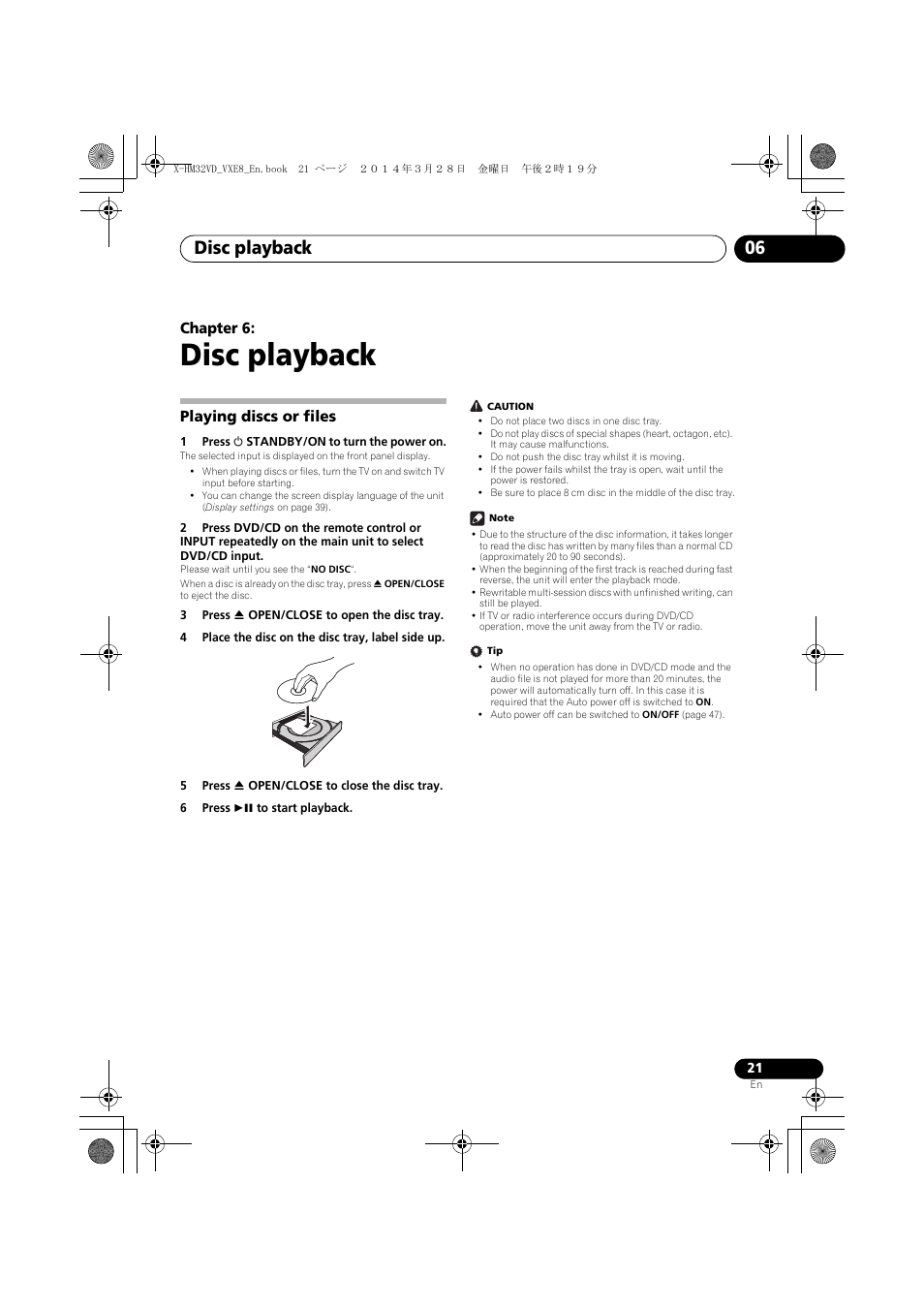 06 disc playback, Playing discs or files, Disc playback | Disc playback 06 | Pioneer X-HM32VD-K User Manual | Page 21 / 52